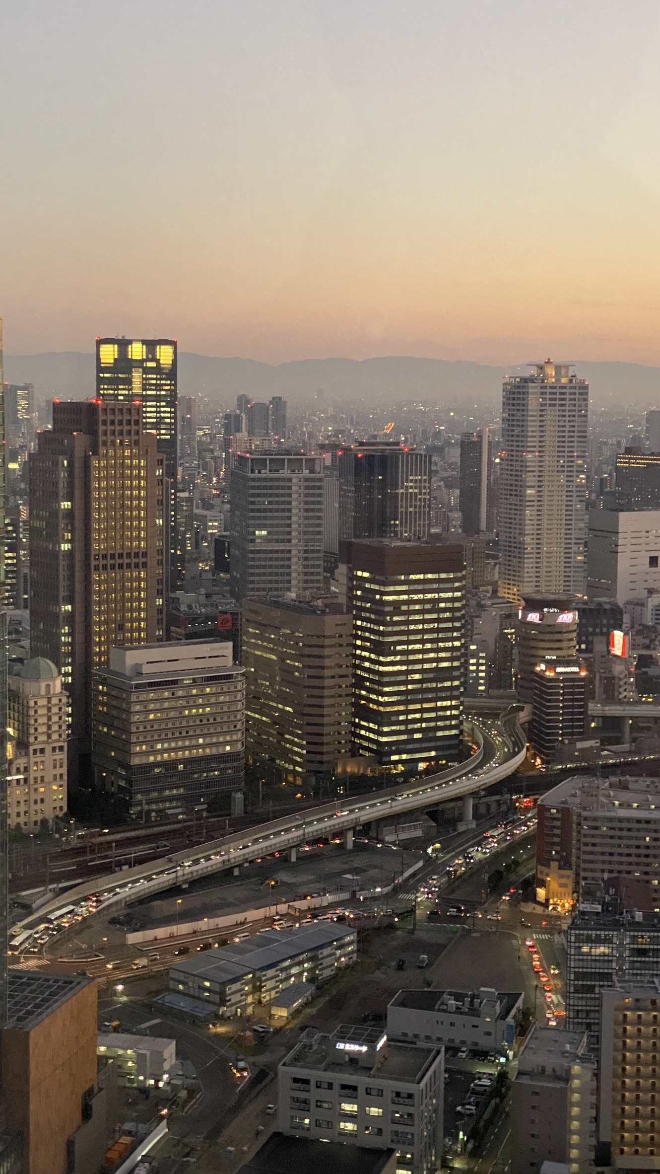 Osaka skyline at sunset from a high observation deck